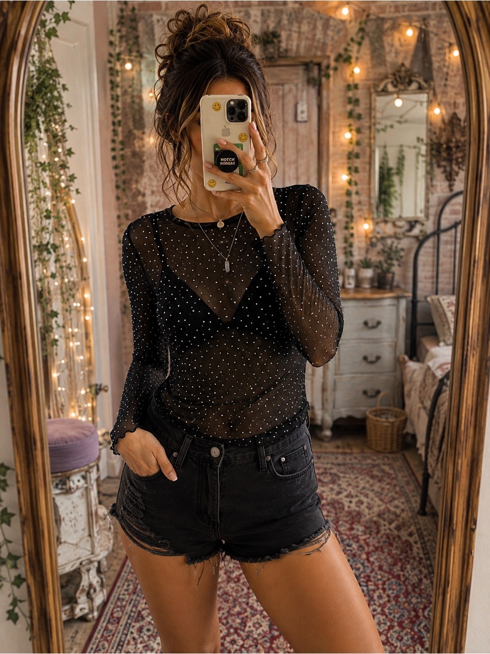 Sheer Black Rhinestone Long-Sleeve Top